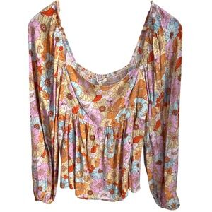 Baevely  Floral Print Square Neck Smocked Peasant Blouse Top Long Sleeve Large